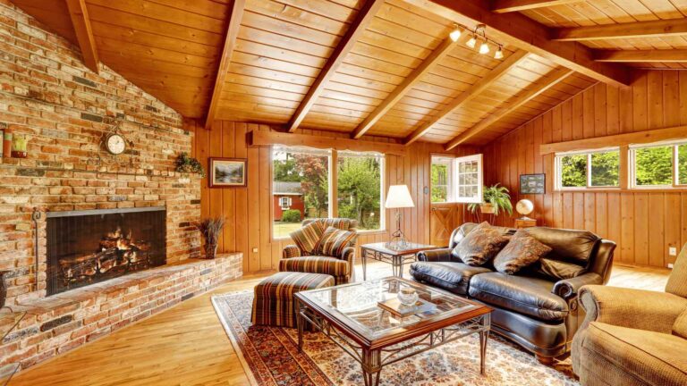 luxury log cabin house interior living room with fireplace